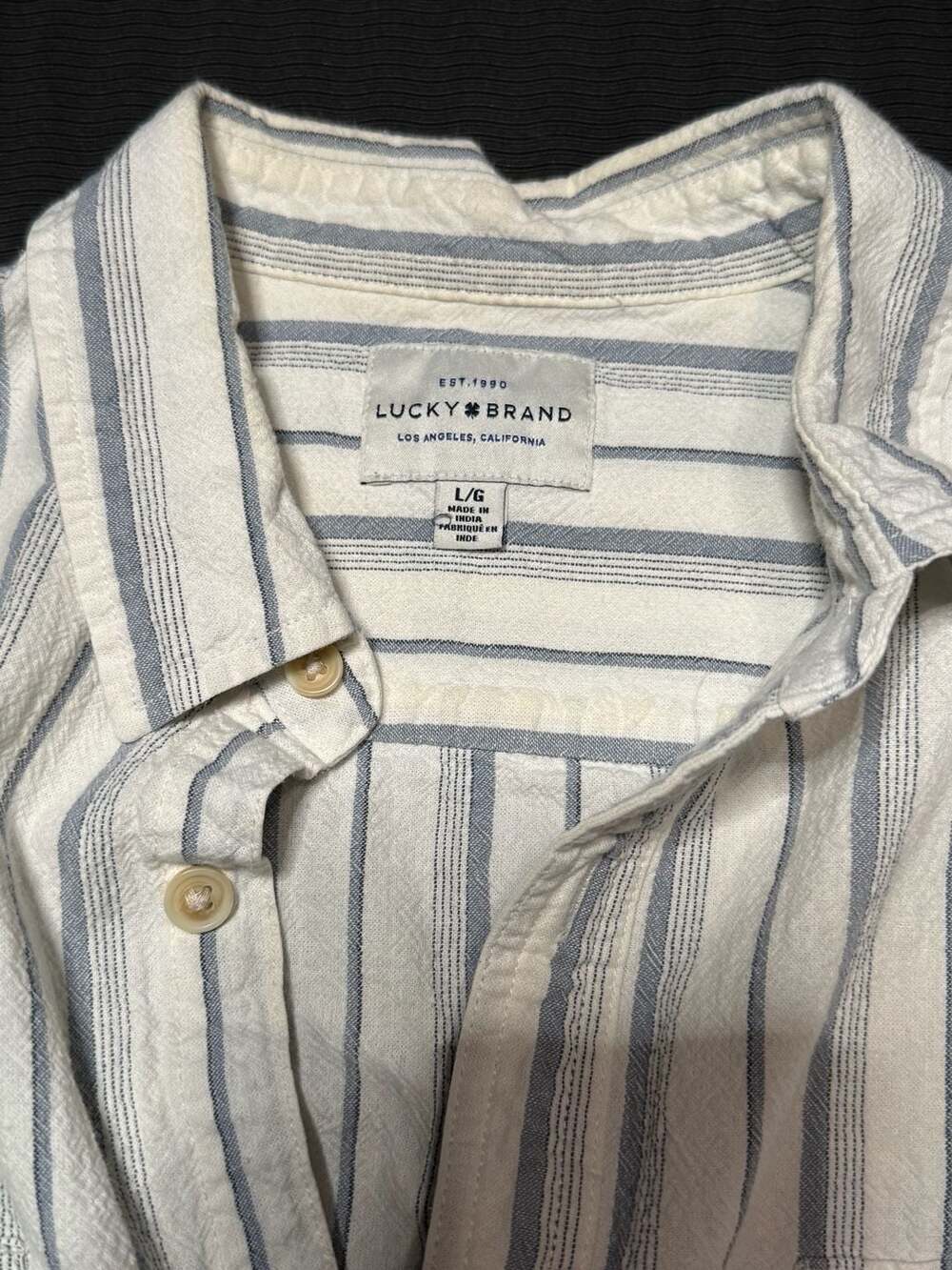 Lucky Brand Men's White Blue Striped Short Sleeve Button-Up Shirt Size L